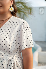 Khaki Polka Dot Surplice V Neck Tied Waist Flutter Sleeve Flowy Plus Size Midi Dress Plus Size Midi Dresses JT's Designer Fashion
