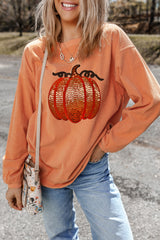 Orange Sequined Pumpkin Ribbed Round Neck Halloween Sweatshirt Graphic Sweatshirts JT's Designer Fashion