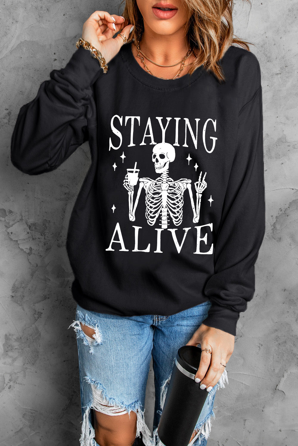 Black STAYING ALIVE Skull Graphic Crewneck Halloween Sweatshirt Graphic Sweatshirts JT's Designer Fashion