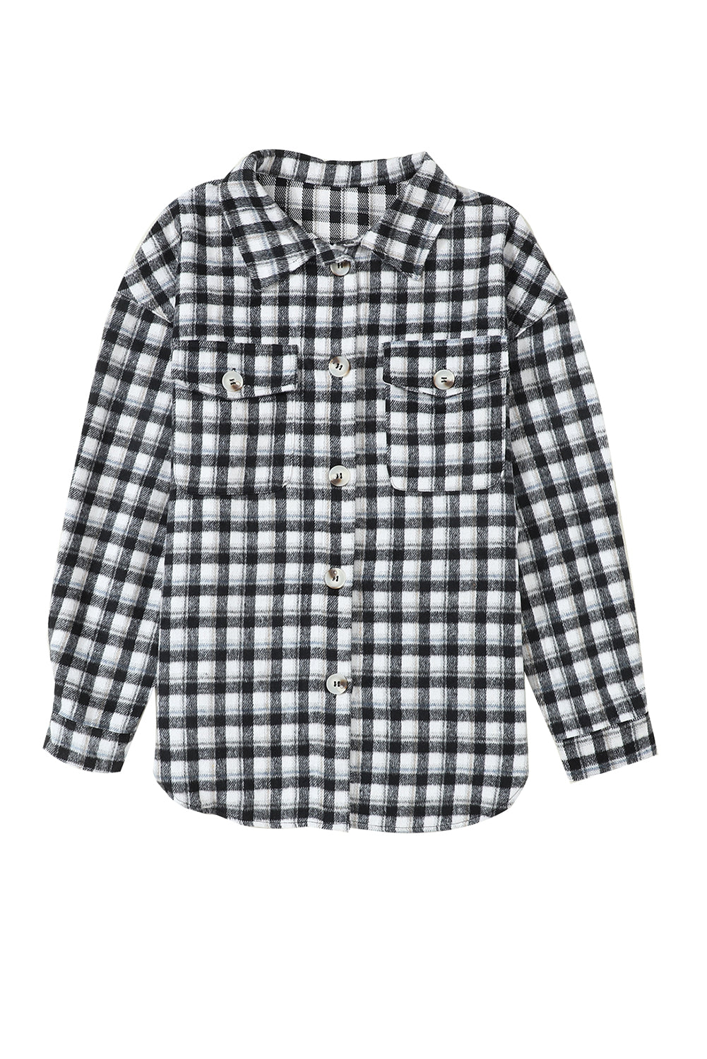 Black Plaid Print Chest Pockets Buttoned Tunic Shacket Plaid Shackets JT's Designer Fashion