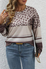 Coffee Plus Size Leopard Striped Long Sleeve Crew Neck Top Plus Size Long Sleeve Tops JT's Designer Fashion