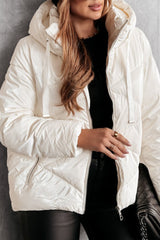 White Solid Quilted Hooded Zip Up Puffer Coat White 100%Polyamide Jackets JT's Designer Fashion
