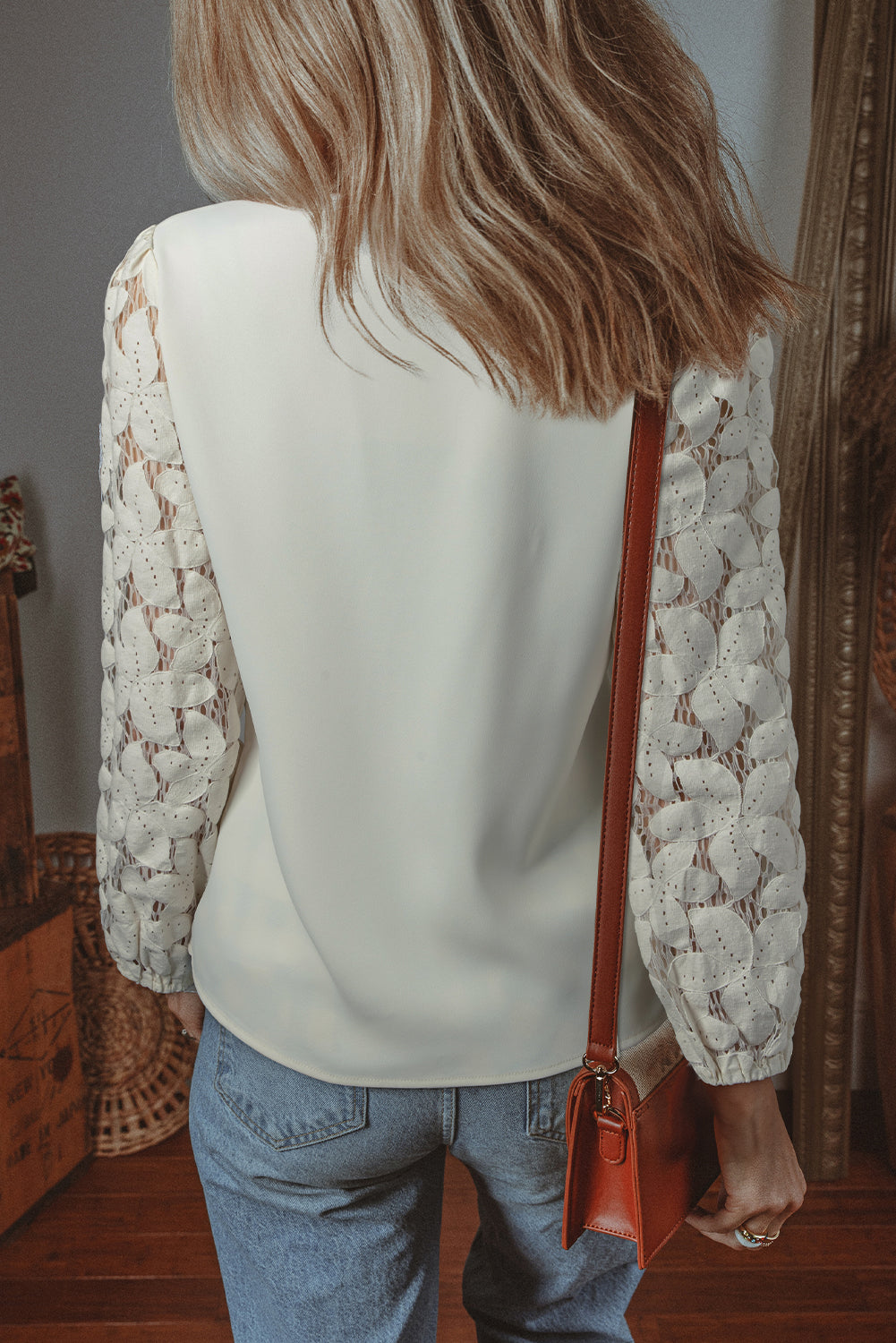 White Scalloped V Neckline Lace Hollowed Lantern Sleeve Blouse Blouses & Shirts JT's Designer Fashion