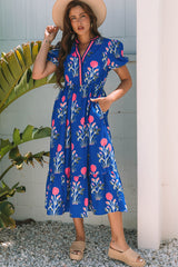 Sky Blue Floral Puff Short Sleeve V Neck High Waist Maxi Dress Floral Dresses JT's Designer Fashion