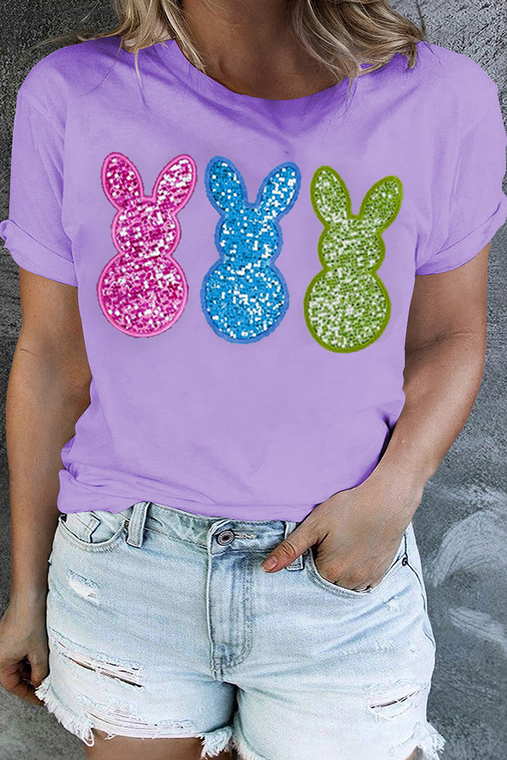 Orchid Petal Sequin Bunny Graphic Plus Size Easter Tee Orchid Petal 65%Polyester+30%Viscose+5%Elastane Graphic Plus Size JT's Designer Fashion
