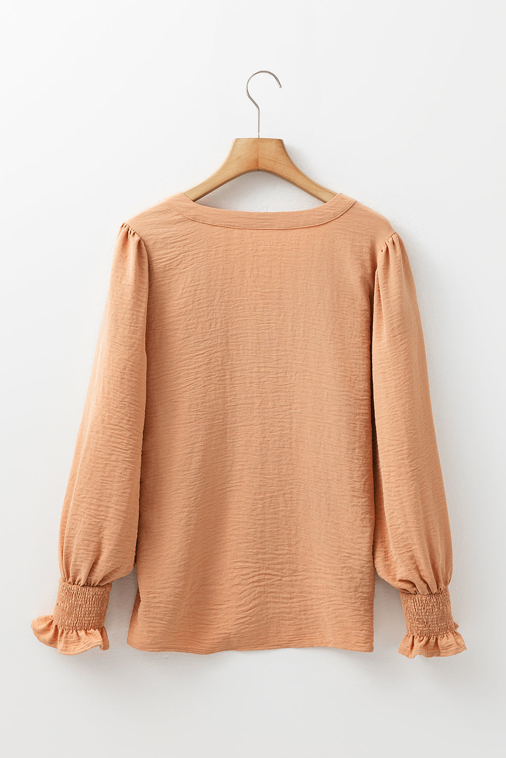 Straw Yellow Solid Color Shirred Cuff Notch V Neck Blouse Blouses & Shirts JT's Designer Fashion