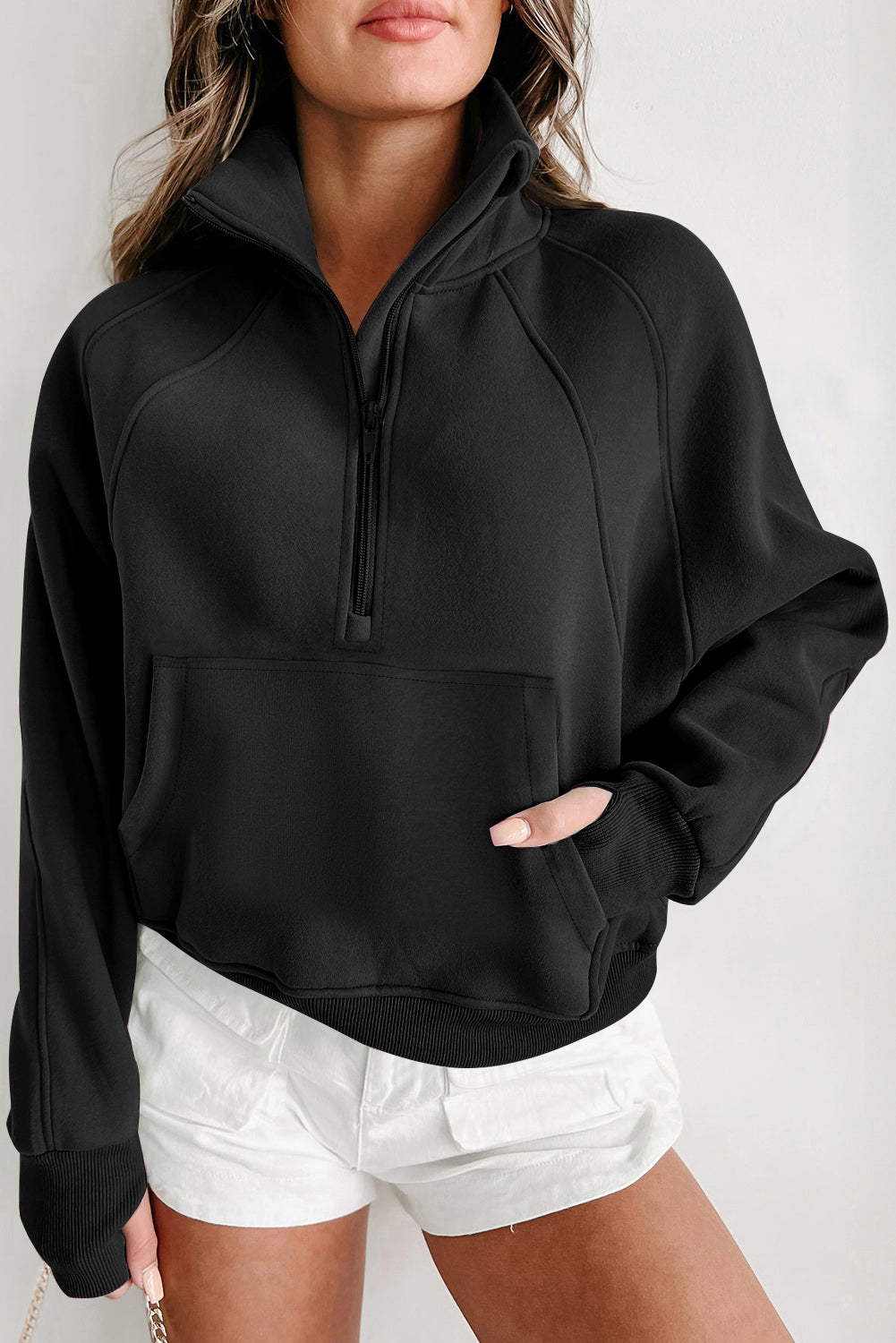 Black Quarter Zip Stand Neck Kangaroo Pocket Sweatshirt Sweatshirts & Hoodies JT's Designer Fashion
