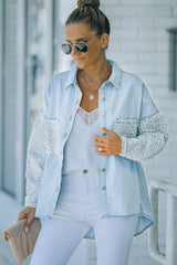 Sky Blue Contrast Leopard Denim Jacket Denim Jackets JT's Designer Fashion