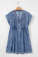 Beau Blue Tie V Neck Tucking Detail Short Sleeve Denim Shift Dress Mini Dresses JT's Designer Fashion