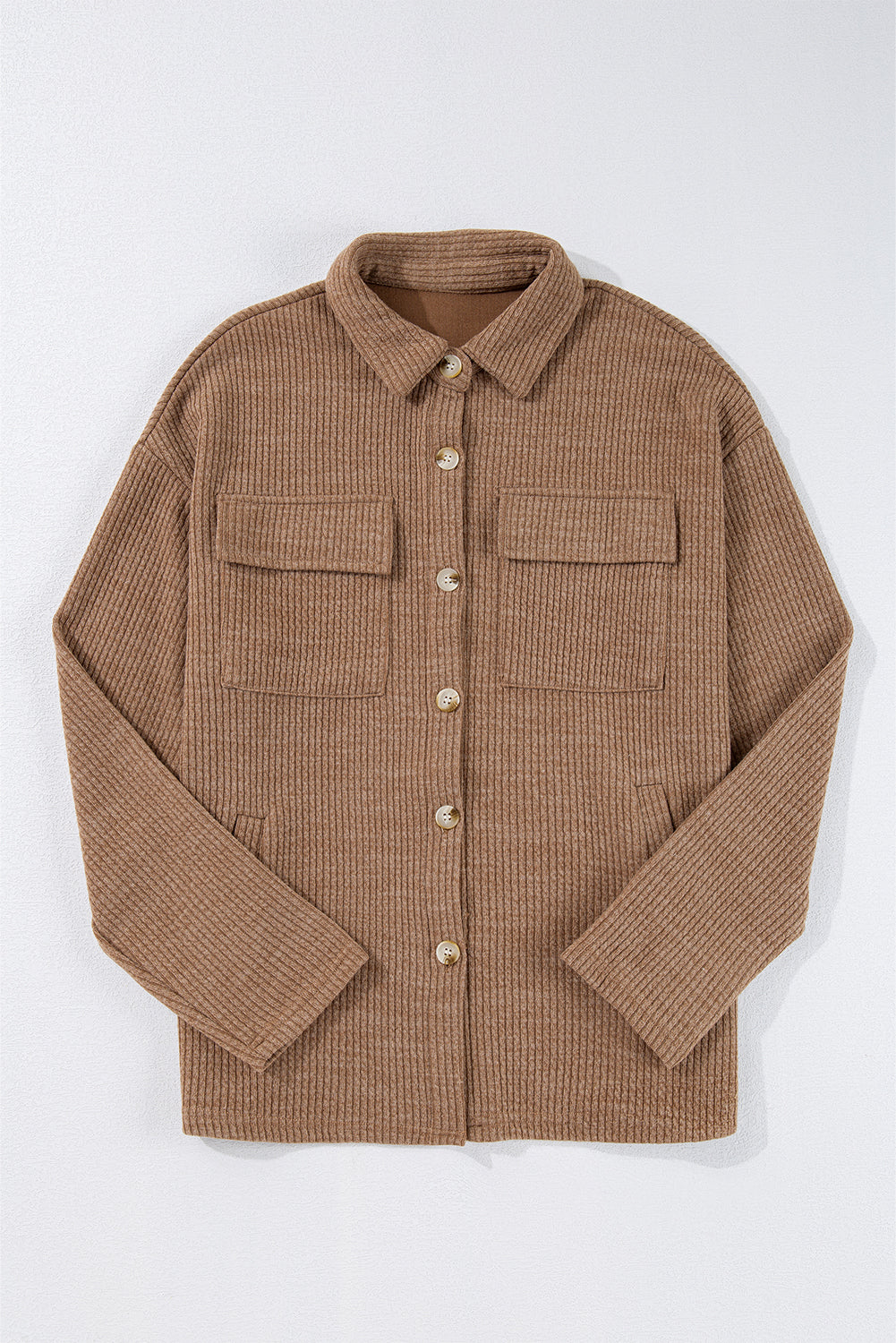 Dark Khaki Solid Color Corduroy Buttoned Long Sleeve Shacket Jackets JT's Designer Fashion