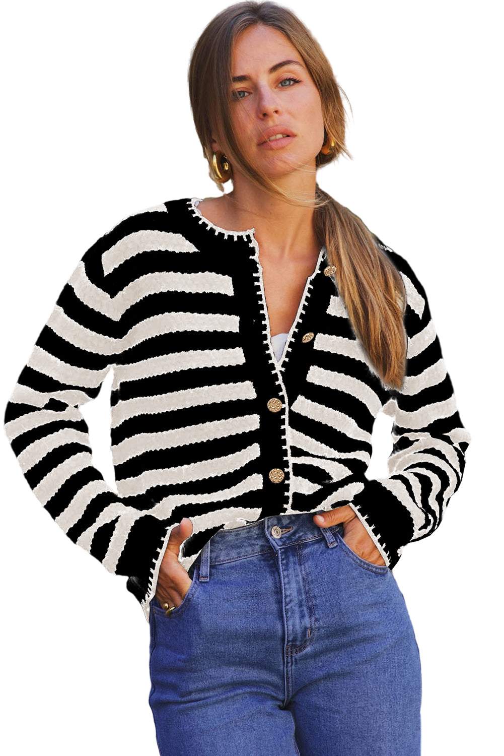 White Stripe Chic Golden Button Cardigan Sweater Cardigans JT's Designer Fashion