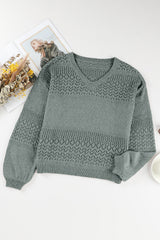 Mist Green Eyelet Pattern Detail V Neck Drop Shoulder Sweater Sweaters JT's Designer Fashion