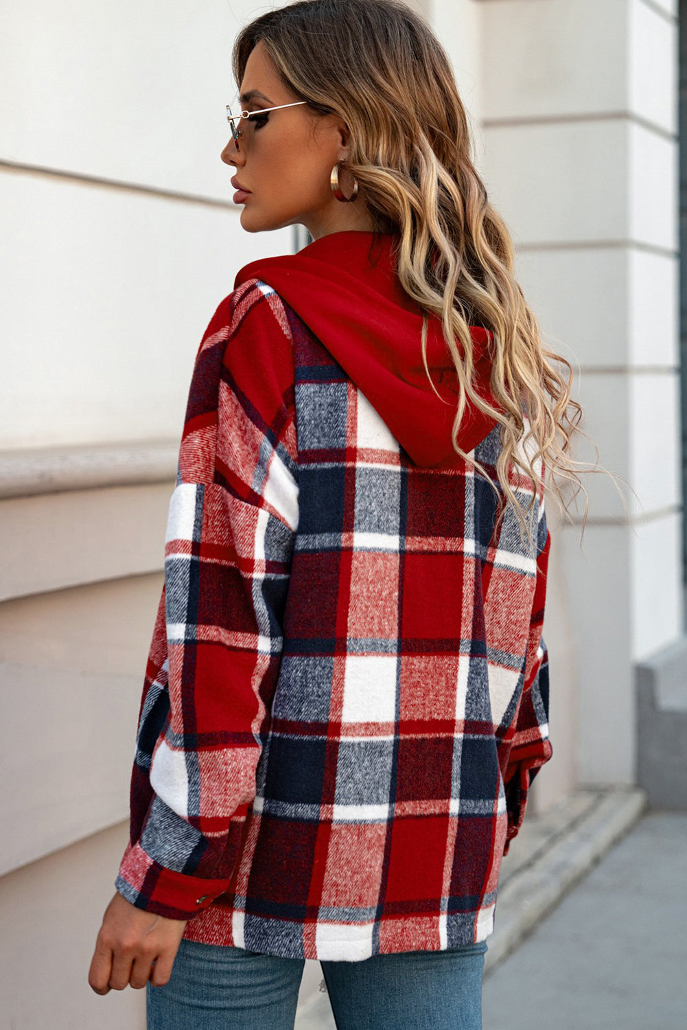 Fiery Red Hooded Plaid Button Front Shacket Plaid Shackets JT's Designer Fashion