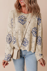 Beige Contrast Flower Print Eyelet Drop Shoulder Sweater Sweaters JT's Designer Fashion