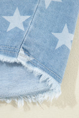 Sky Blue Star Print Light Wash Raw Hem Denim Jacket Denim Jackets JT's Designer Fashion