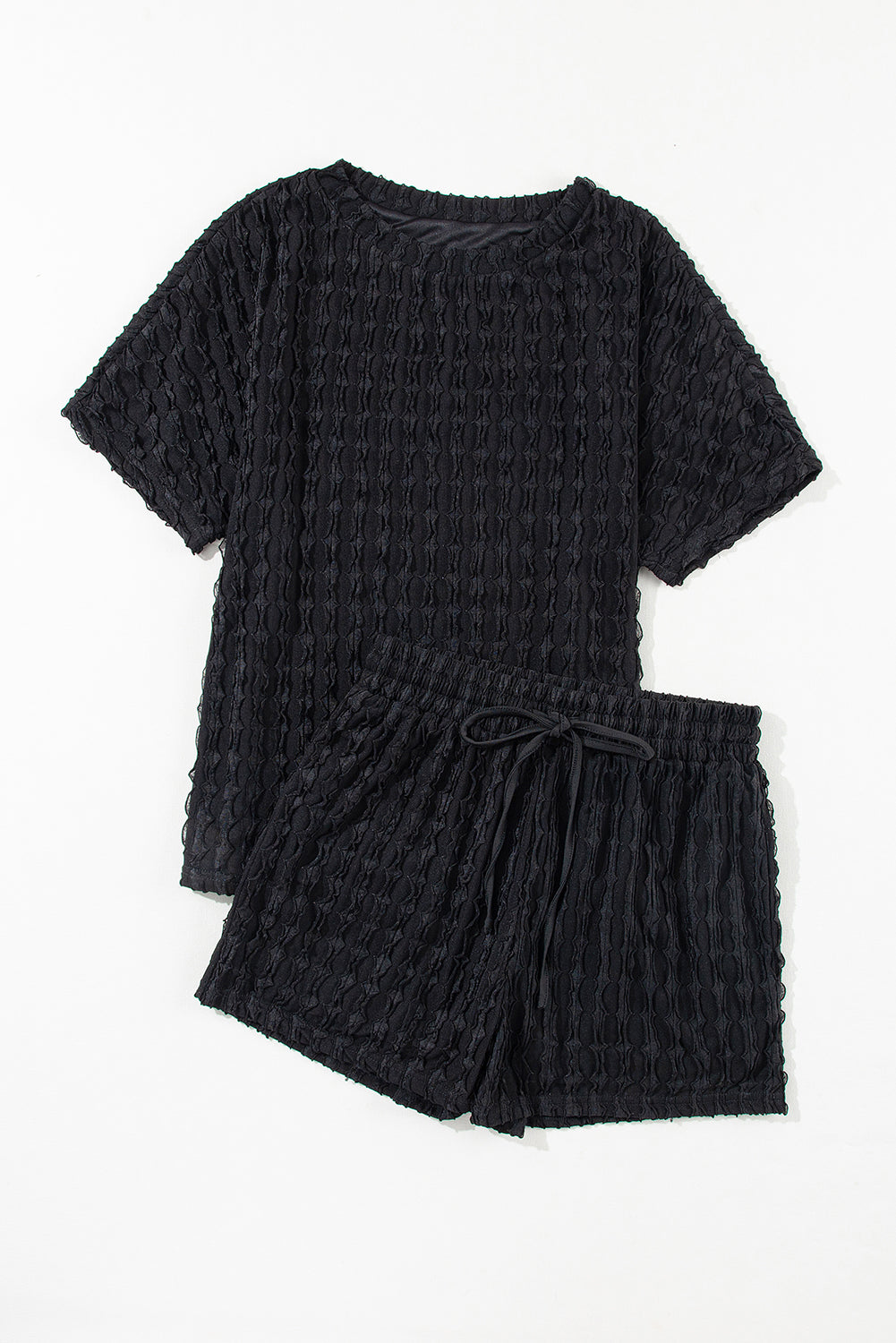 Black Frill Textured Short Sleeve Top and Drawstring Shorts Set Short Sets JT's Designer Fashion