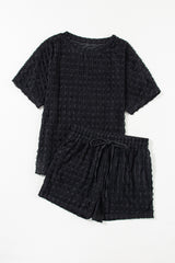 Black Frill Textured Short Sleeve Top and Drawstring Shorts Set Short Sets JT's Designer Fashion