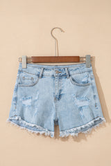 Beau Blue High Rise Distressed Raw Hem Denim Shorts Denim Shorts JT's Designer Fashion