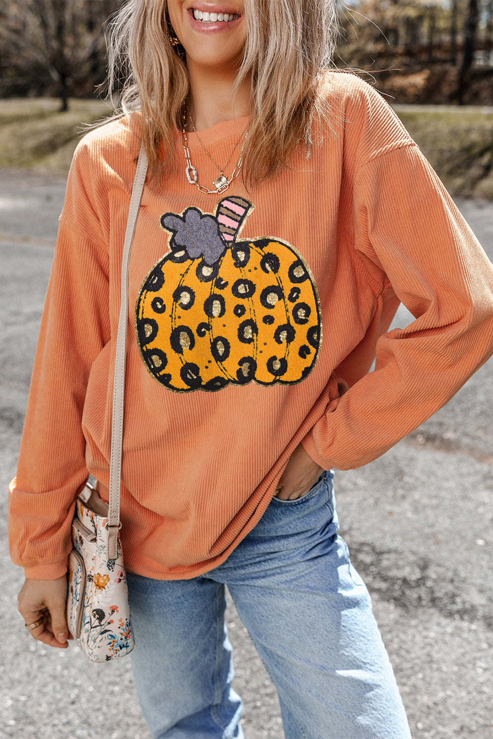Orange Halloween Leopard Pumpkin Patchwork Ribbed Sweatshirt Orange-3 100%Polyester Graphic Sweatshirts JT's Designer Fashion