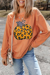 Orange Halloween Leopard Pumpkin Patchwork Ribbed Sweatshirt Orange-3 100%Polyester Graphic Sweatshirts JT's Designer Fashion