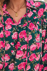 Green Floral Printed Tied Collar Puff Sleeve Blouse Blouses & Shirts JT's Designer Fashion