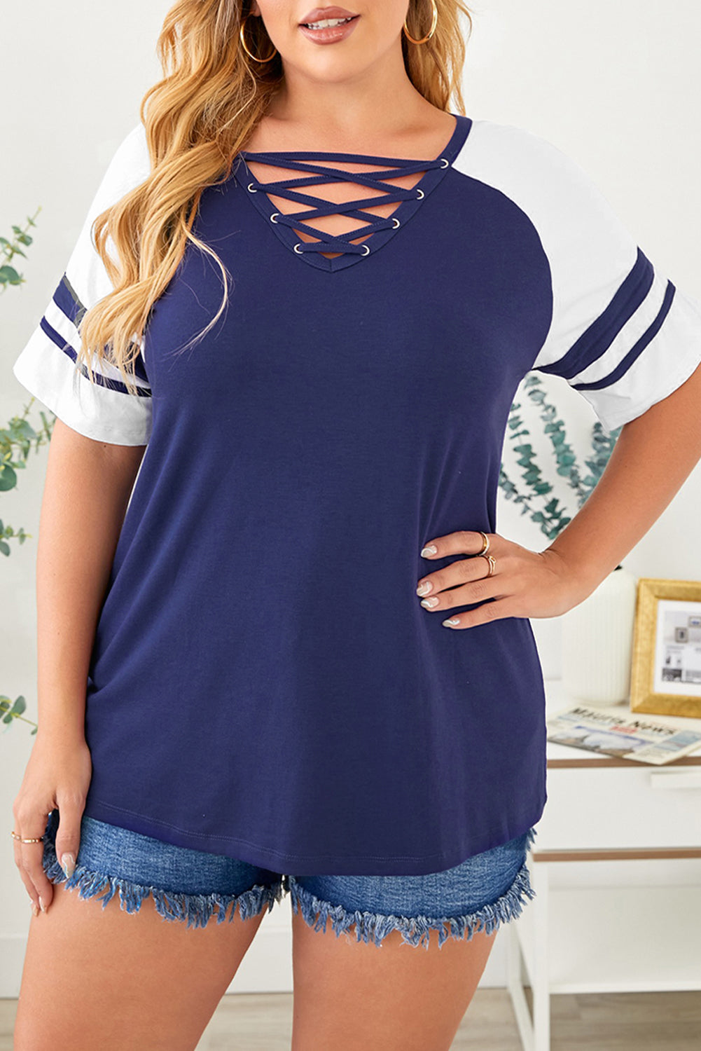 Blue Crisscross V Neck Raglan Sleeve Plus Size Tee Blue Plus Size Tops & Tees JT's Designer Fashion