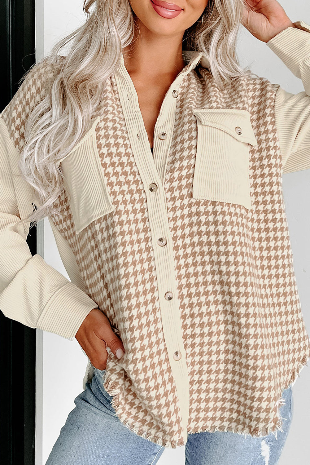 Parchment Houndstooth Corduroy Patchwork Flap Pocket Shacket Jackets JT's Designer Fashion