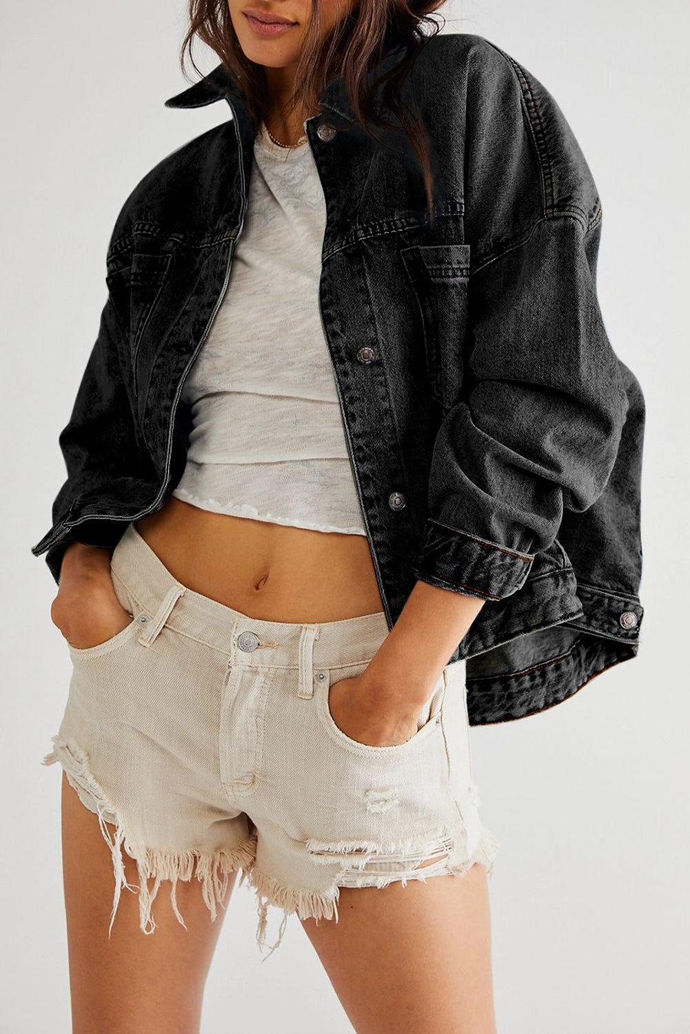 Black Washed Oversize Pocketed Denim Jacket Black 75%Cotton+25%Polyester Denim Jackets JT's Designer Fashion