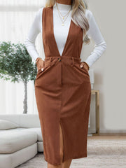 Perfee Slit Overall Dress with Pockets Midi Dresses JT's Designer Fashion
