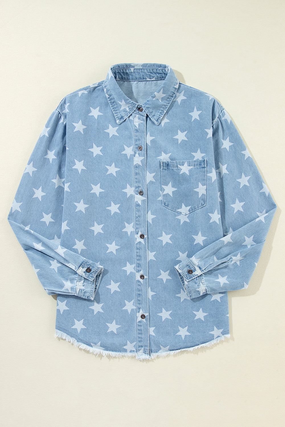 Sky Blue Star Print Light Wash Raw Hem Denim Jacket Denim Jackets JT's Designer Fashion