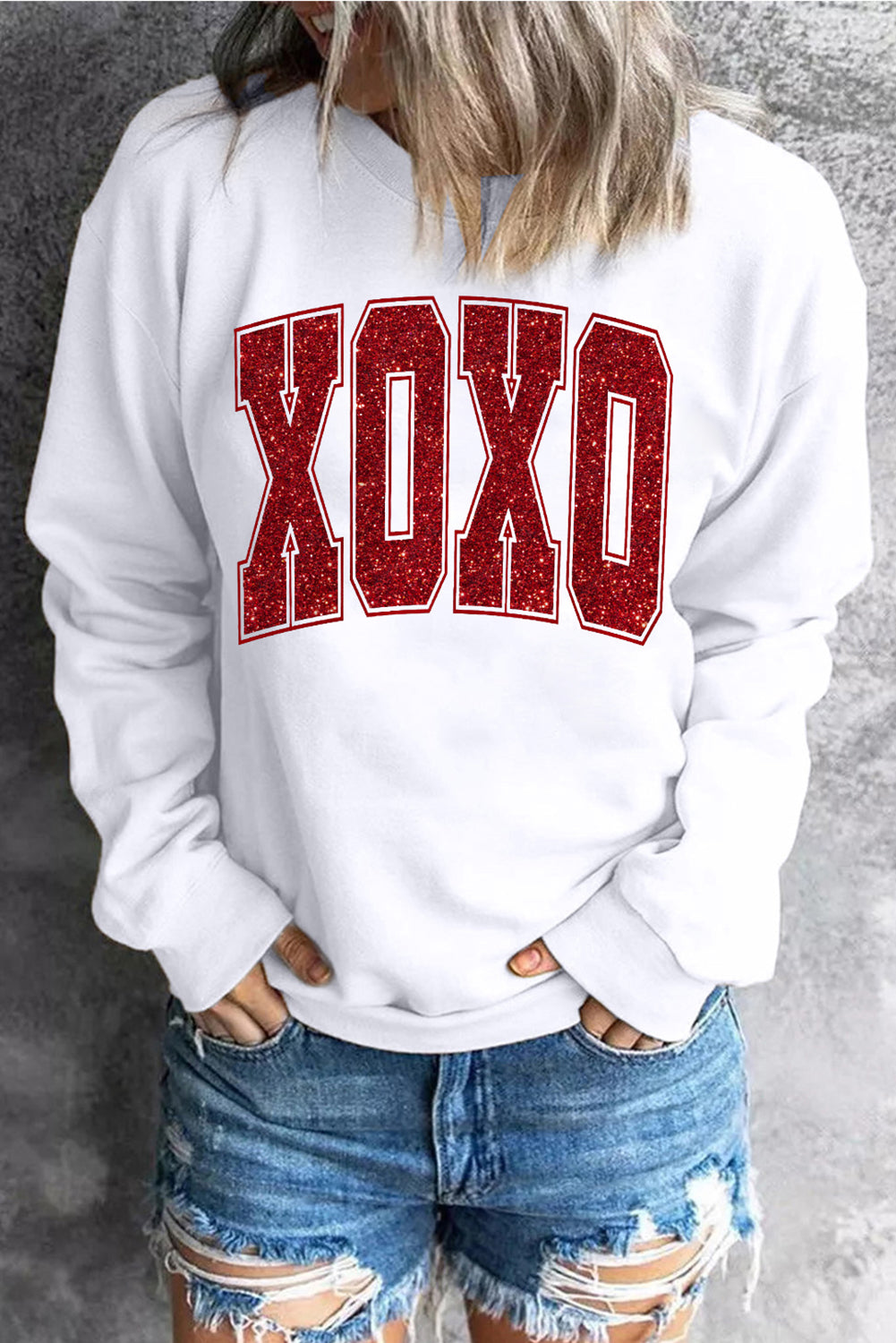 White Glitter XOXO Graphic Crewneck Valentines Pullover Sweatshirt Graphic Sweatshirts JT's Designer Fashion