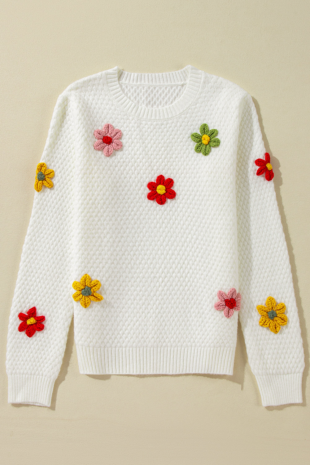 White Colorful Flower Applique Textured Knit Sweater Sweaters JT's Designer Fashion