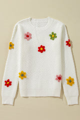 White Colorful Flower Applique Textured Knit Sweater Sweaters JT's Designer Fashion