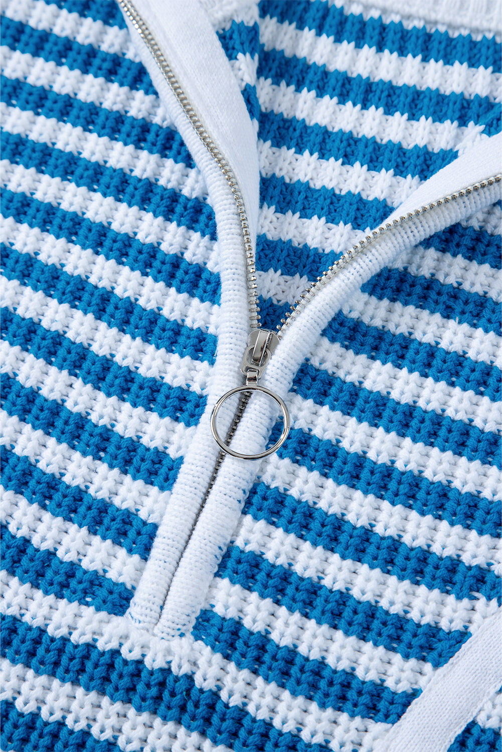Sky Blue Stripe Zip up Collar Drop Shoulder Sweater Sweaters JT's Designer Fashion