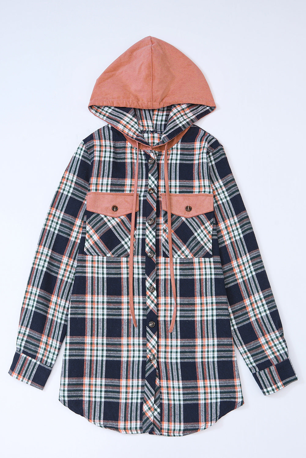 Pink Contrast Hooded Drawstring Plaid Shacket Plaid Shackets JT's Designer Fashion