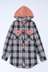 Pink Contrast Hooded Drawstring Plaid Shacket Plaid Shackets JT's Designer Fashion