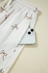 Beige Bow Print Half Zip Tank and Shorts 2pcs Set Short Sets JT's Designer Fashion