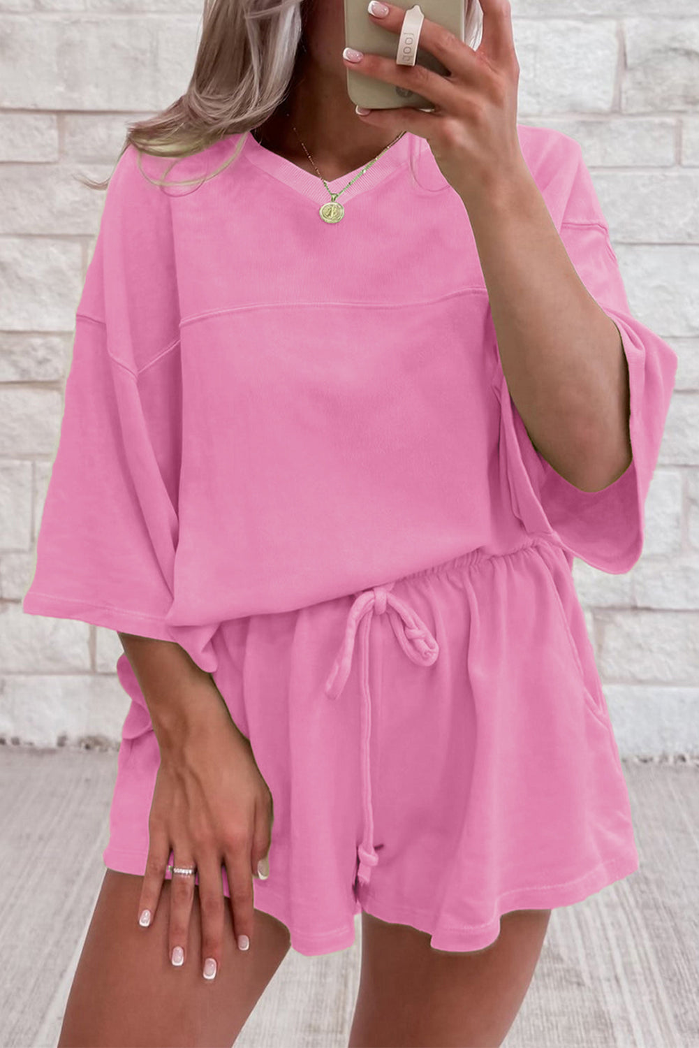 Bonbon Solid Loose V Neck Half Sleeve Tee and Shorts Short Sets JT's Designer Fashion