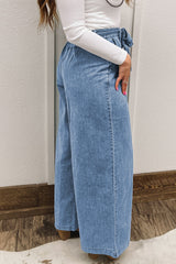 Beau Blue Western Washed Bow Knot Sash Wide Leg Jeans Jeans JT's Designer Fashion