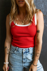Fiery Red Colorblock Edge Ribbed Knit U Neck Tank Top Sweaters & Cardigans JT's Designer Fashion