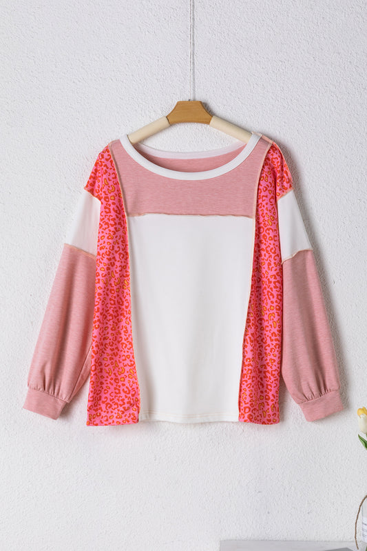 Peach Blossom Leopard Colorblock Patchwork Exposed Seam Top Long Sleeve Tops JT's Designer Fashion
