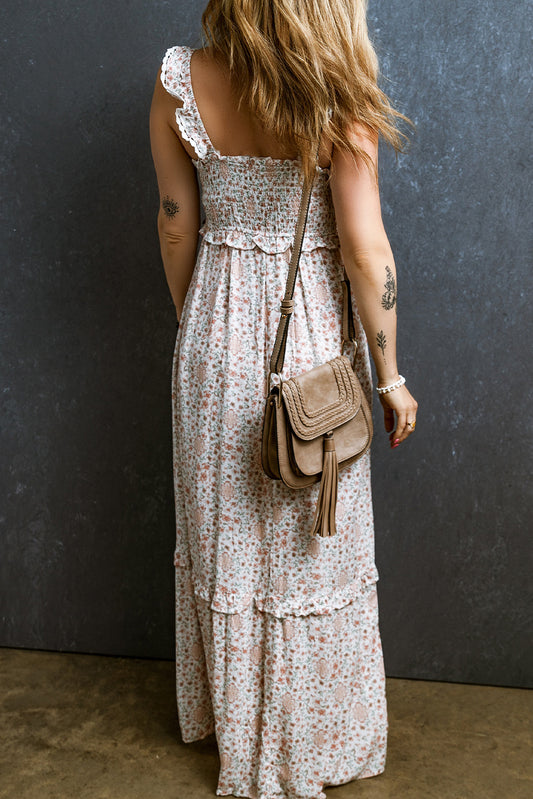 White Lace Frilly Straps Shirred Floral Maxi Dress Dresses JT's Designer Fashion