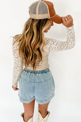 Smoke Gray Floral Lace Patchwork Long Sleeve High Neck Slim Top Long Sleeve Tops JT's Designer Fashion