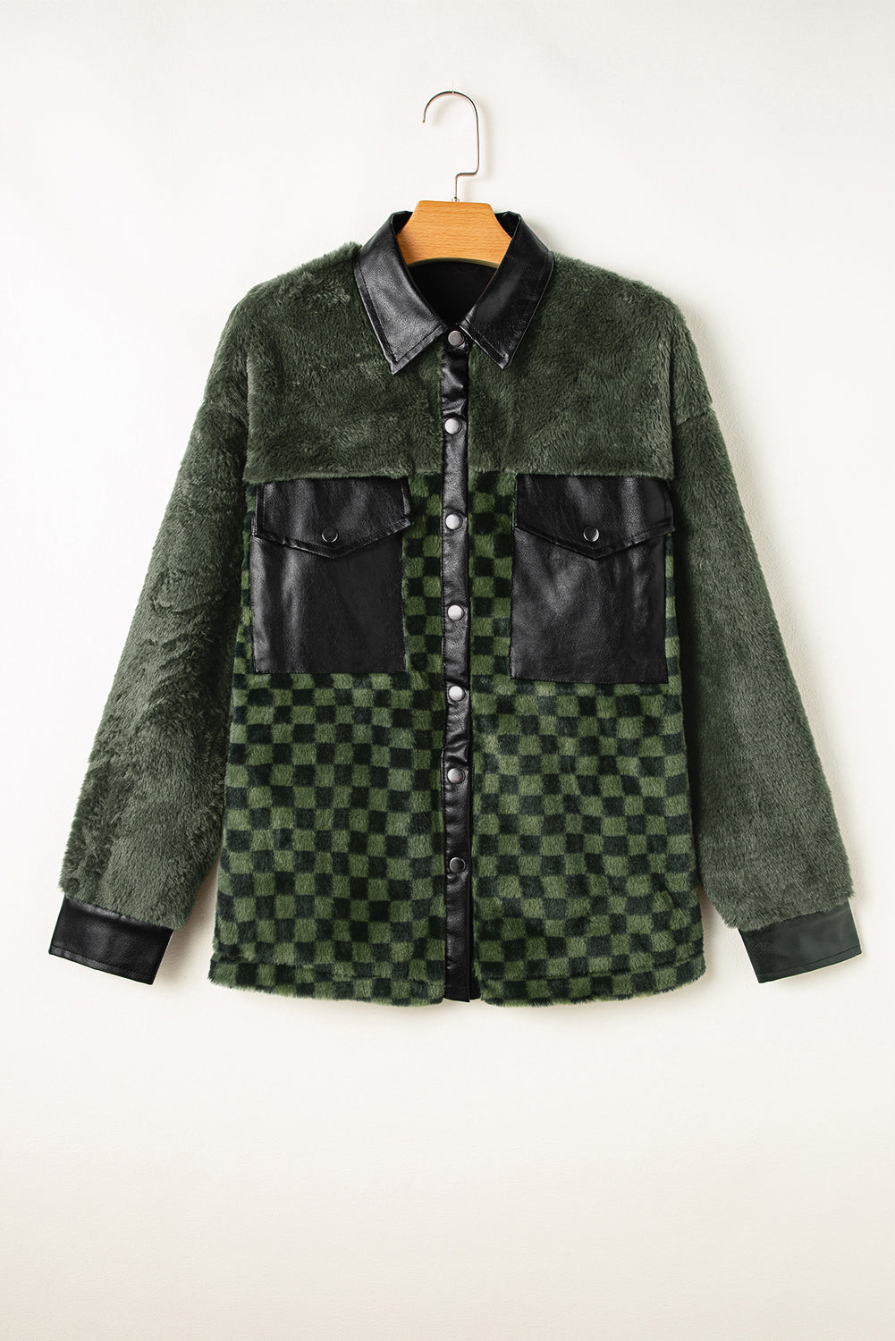 Vineyard Green Fleece Checkerboard Flap Pocket Snap Button Jacket Jackets JT's Designer Fashion