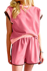 Peach Blossom Contrast Trim Cap Sleeve Tee Shorts Set Short Sets JT's Designer Fashion