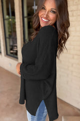 Black Waffle Knit Side Slits Loose Fit V Neck Top Long Sleeve Tops JT's Designer Fashion