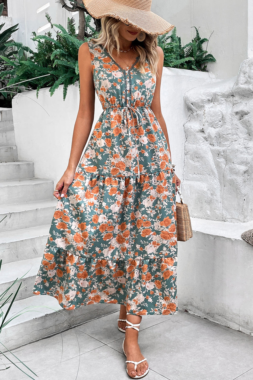 Green Floral Print Trimmed V Neck Tie Waist Sleeveless Holiday Long Dress Maxi Dresses JT's Designer Fashion