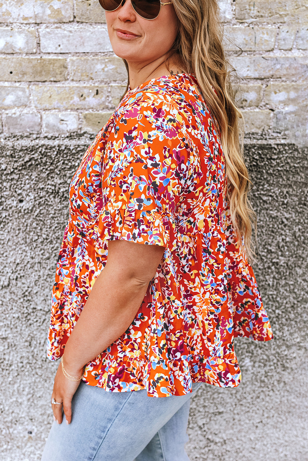 Orange Floral Printed Ruffle Sleeve Curvy Babydoll Blouse Plus Size JT's Designer Fashion