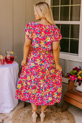 Pink Floral Print V Neck Pocketed High Waist Plus Size Midi Dress Plus Size Midi Dresses JT's Designer Fashion