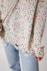 White Colorful Confetti Distressed Knit Sweater Sweaters JT's Designer Fashion
